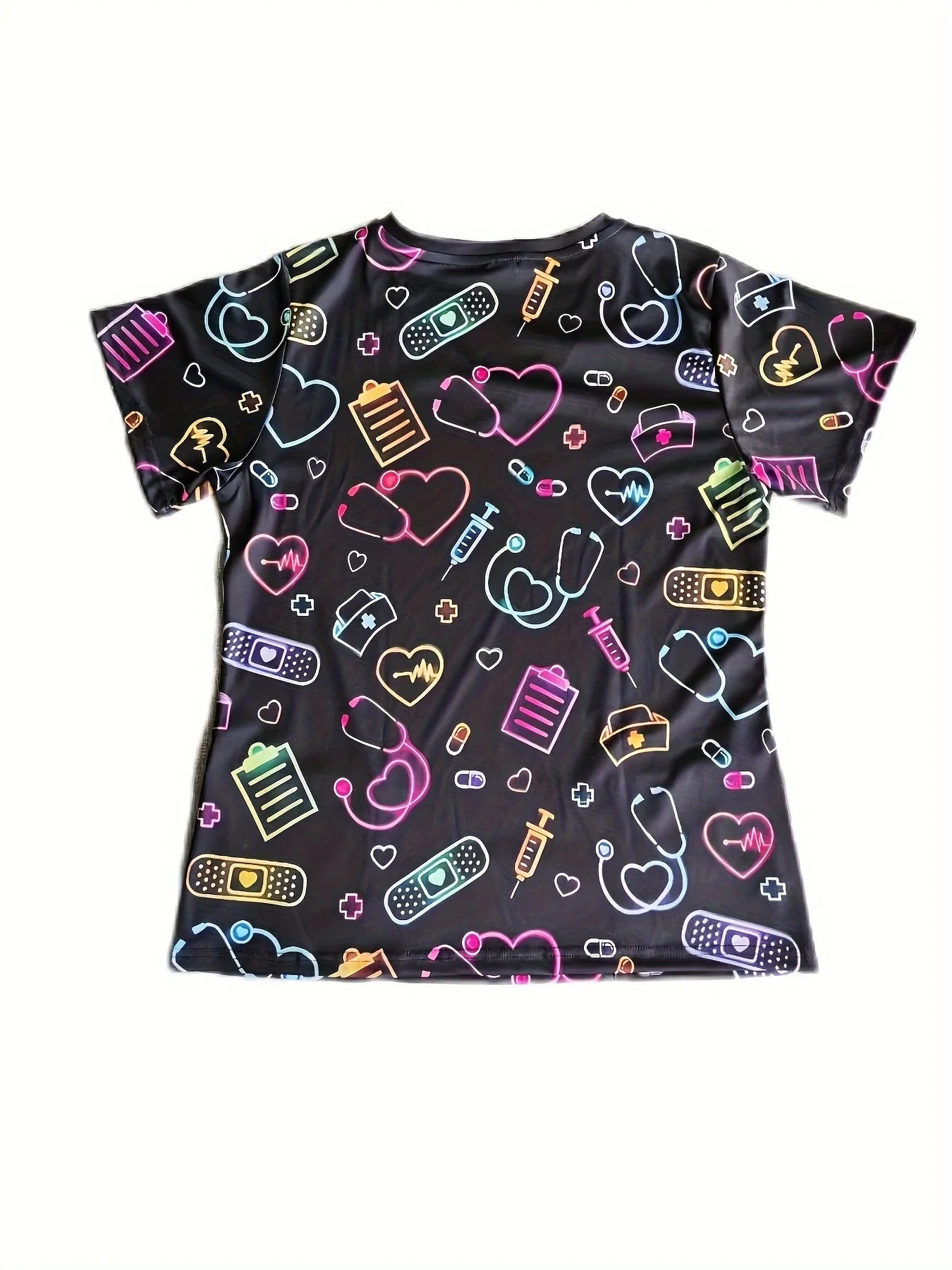 Surgical Uniforms Heart Printed V-Neck Nurses Tops Short Sleeve Patch Pocket Medical Surgical Uniforms Nursing