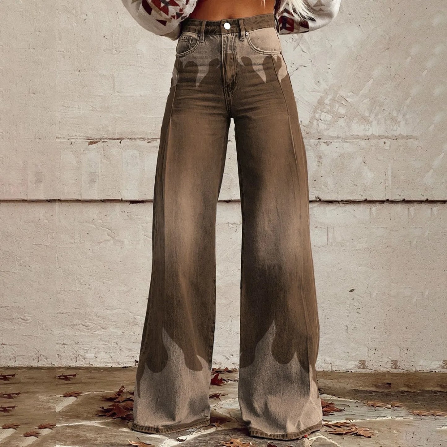 Womens Wide Leg Jeans High Waisted Casual Denim Floral Printed Trousers Women Jean Baggy Brown United States