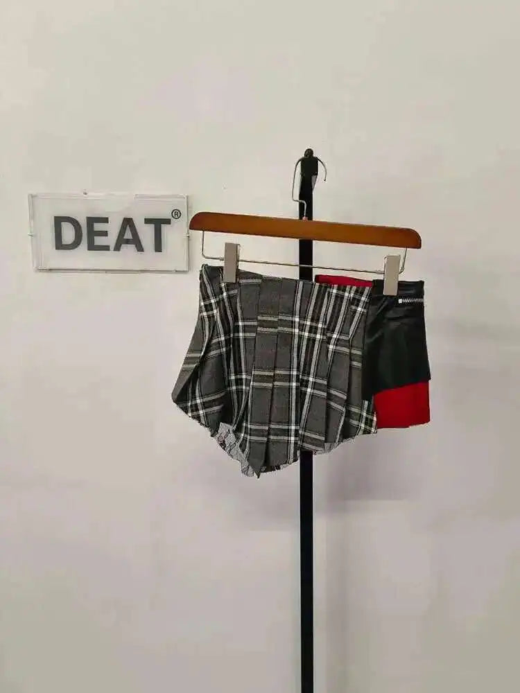 Women's Patchwork Plaid Design Pleated Mini Skirt High Waist A-line Skirt