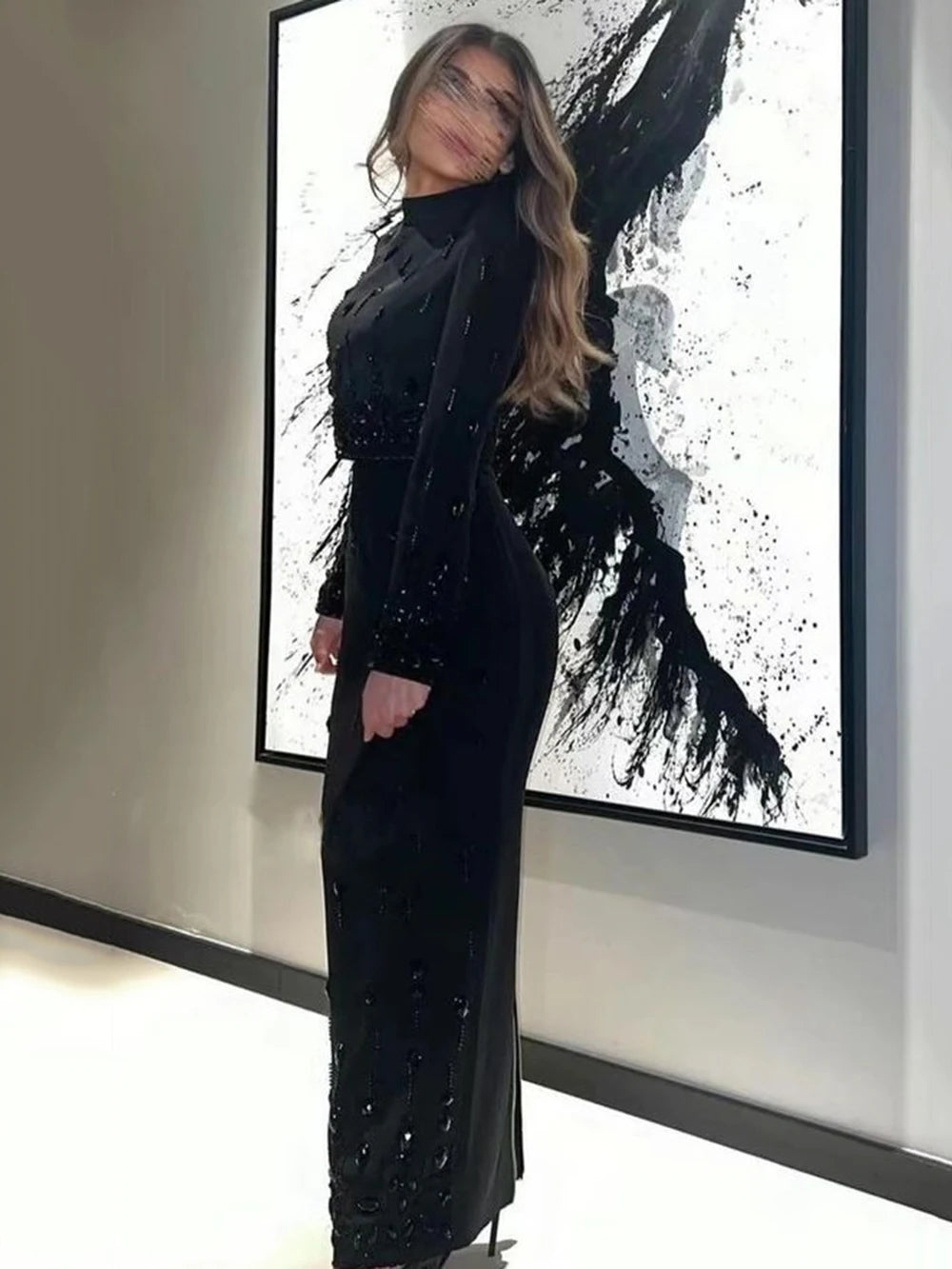 Long Sleeve Short Top and Mini Skirt Suit Outfit, Diamond Beaded Design,High Quality, 2 Pcs Set