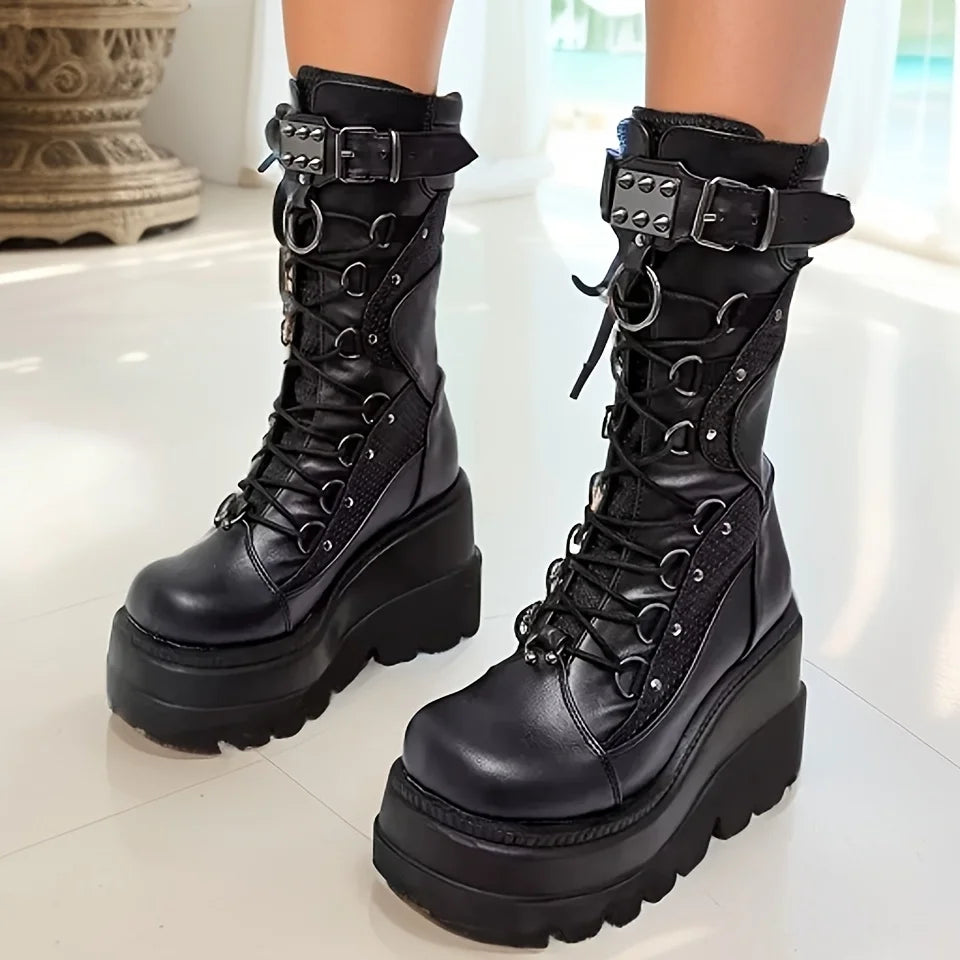 Brand New Ladies Goth Platform Boots Rivet Buckle Punk Wedges High Heels women's Boots Cosplay