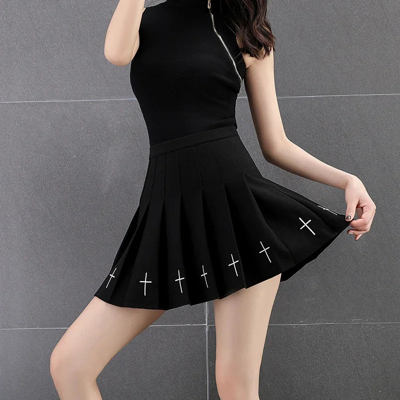 High Waist Pleated Skirt Elastic Waist Cross Embroidery black Pleated