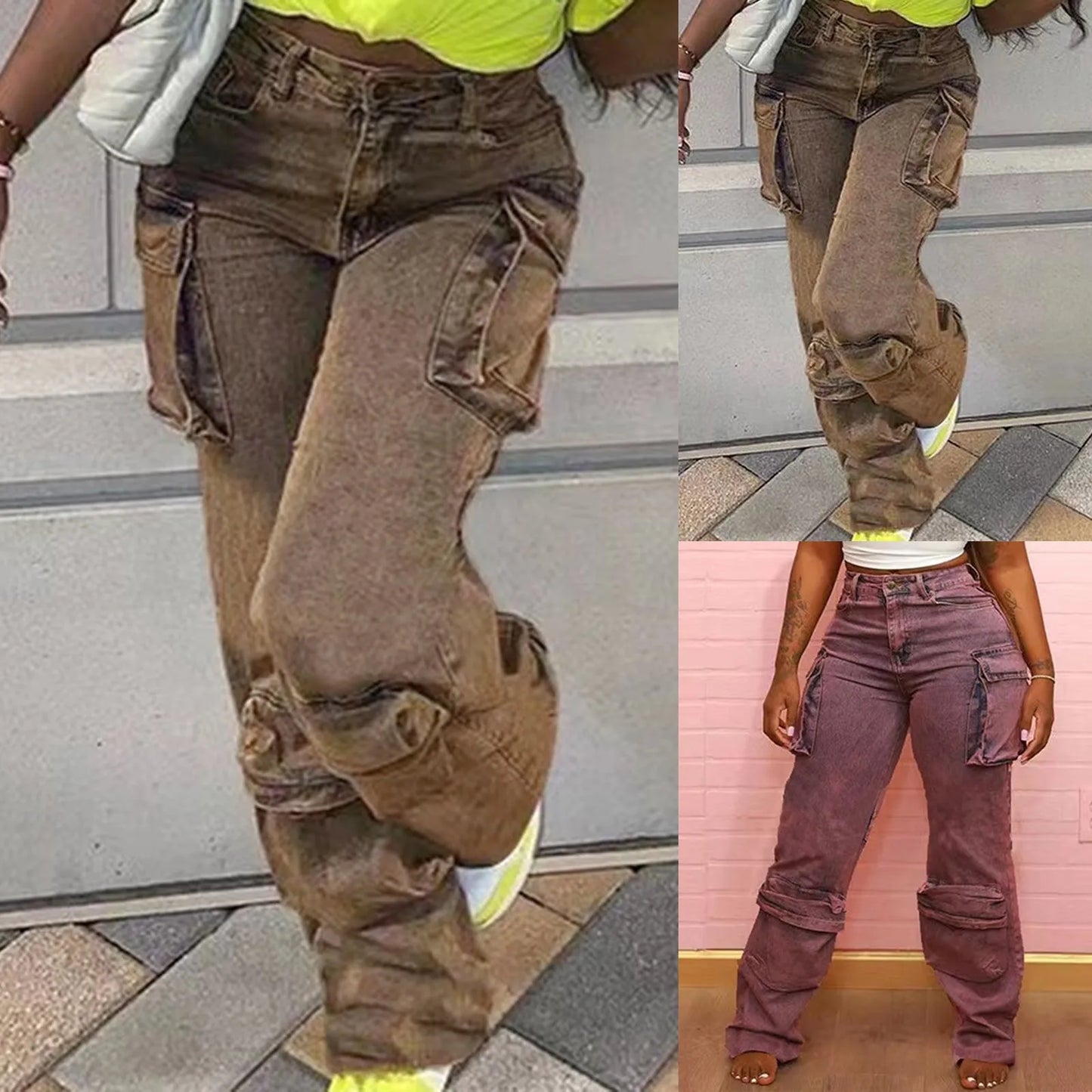 Women Streetwear Loose Straight Multi Pockets Denim Cargo Pants Wide Leg Jeans Baggy Brown / L / United States Red / S / United States