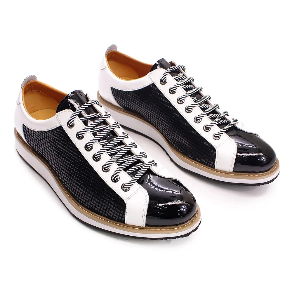Luxury Brand Large Size Men's Flat Sneakers 6 to 13 Patent Leather Lace-up Black White Casual Shoes for Men