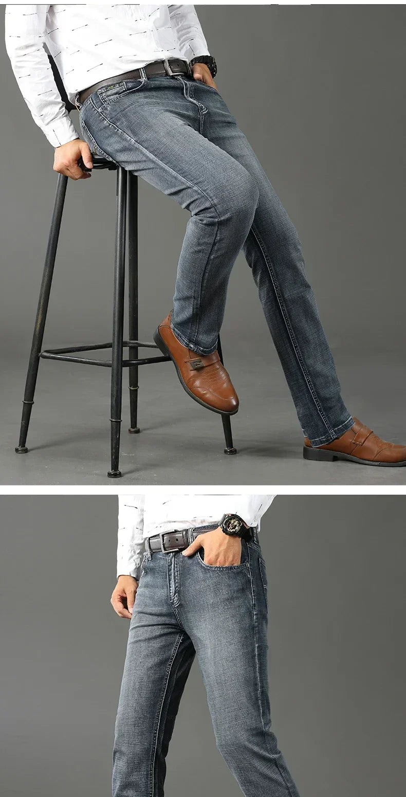 Men Classic Jeans Straight Regular Blue Stretch Denim Trousers Men's