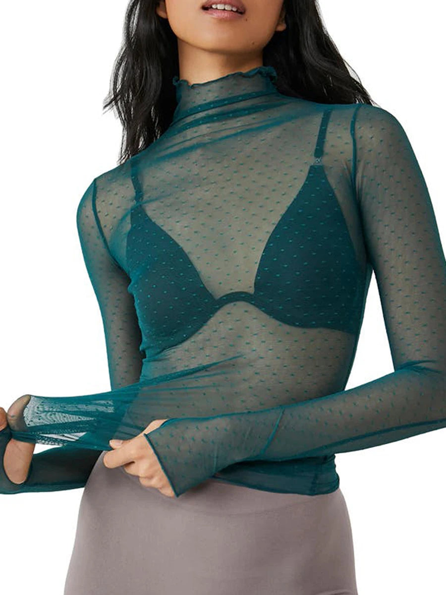 Women Sheer Mesh T-Shirt Mock Neck Long Sleeve Crop Tops Retro See Through Shirt