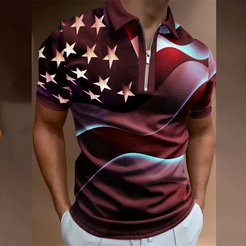 Men's 3D Flag Pattern Printed Short Sleeve POLO Shirt Zipper Men's T-Shirt