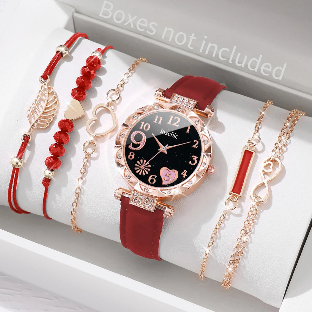 6PCS/Set Fashion Heart Dial Women's Watch Casual Leather Band Analog Quartz Watch Leaf Bracelets Set(Without Box) Red Set No Box