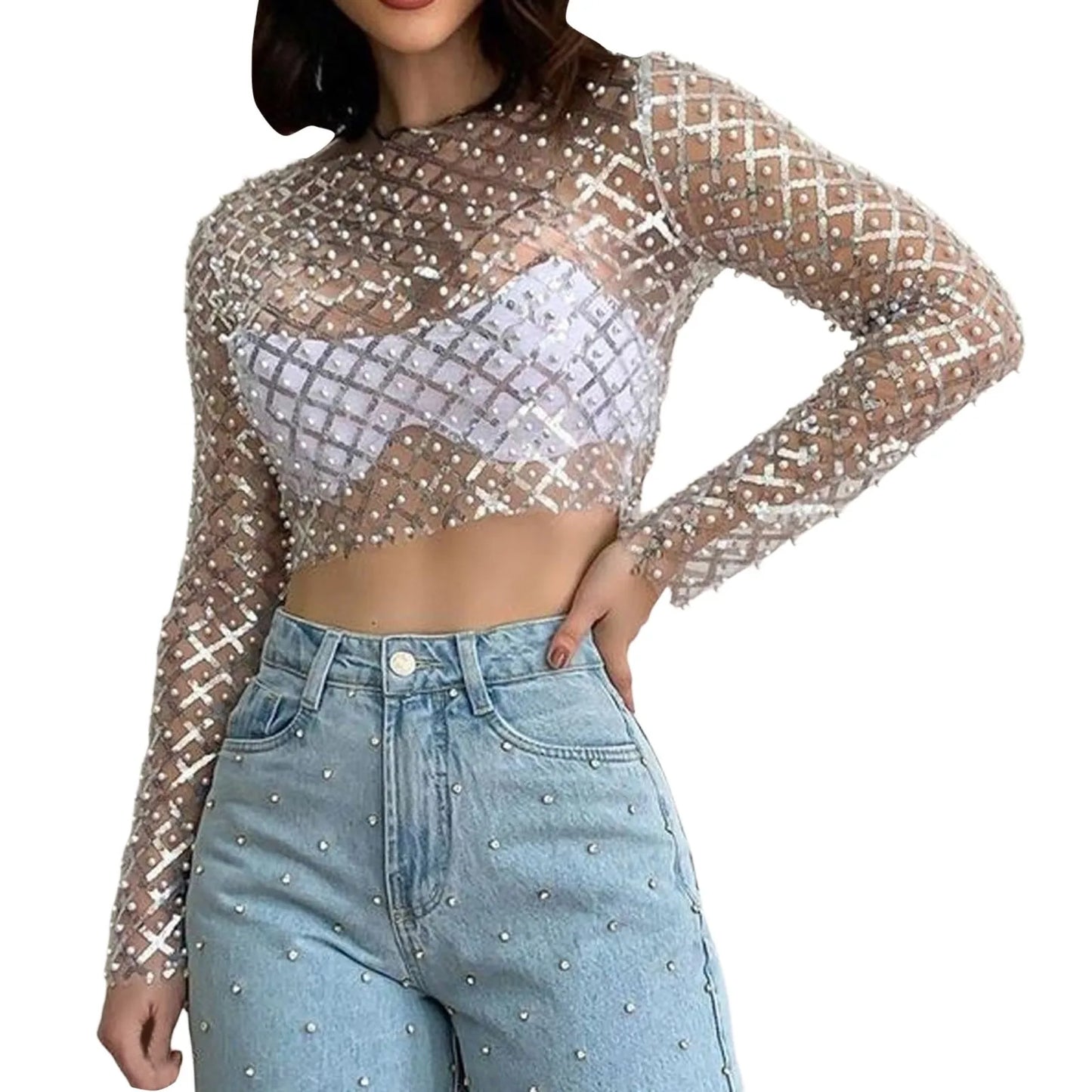 Long Sleeved Top T Shirt Mesh Pinned Bead Sequined Transparent Cover Up