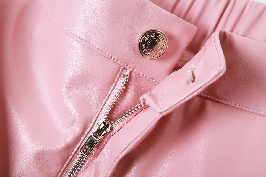 Pink Cargo Pants Straight Leg Solid Multi-Pocket Design High Waist Pu Leather Loose