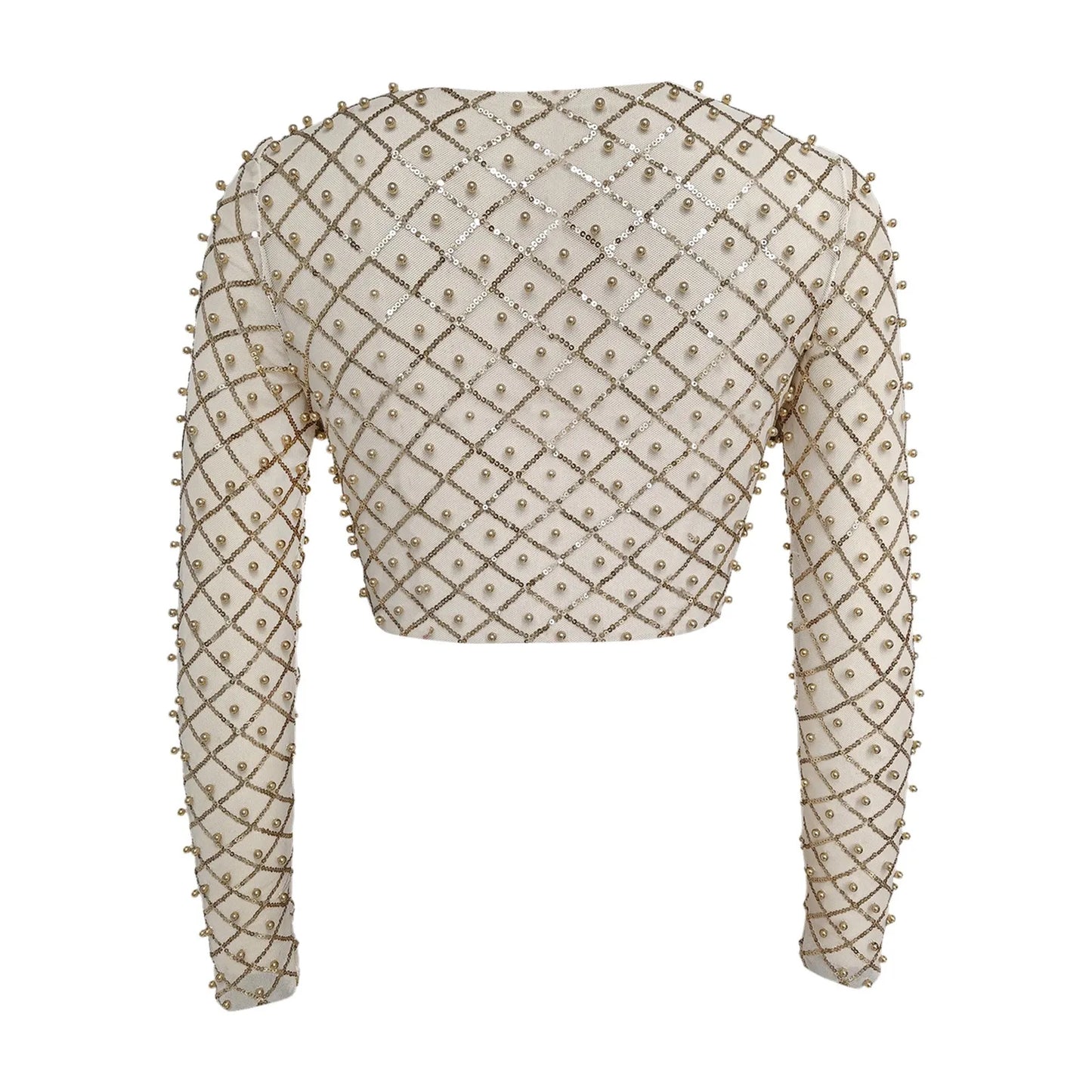 Long Sleeved Top T Shirt Mesh Pinned Bead Sequined Transparent Cover Up