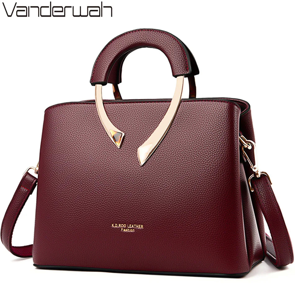 GENUINE VANDERWAH High Quality Leather Casual Tote Luxury Bags Designer Shoulder Crossbody Burgundy Gray Taro purple Burgundy-Gray-Taro purple-Blue-Black-