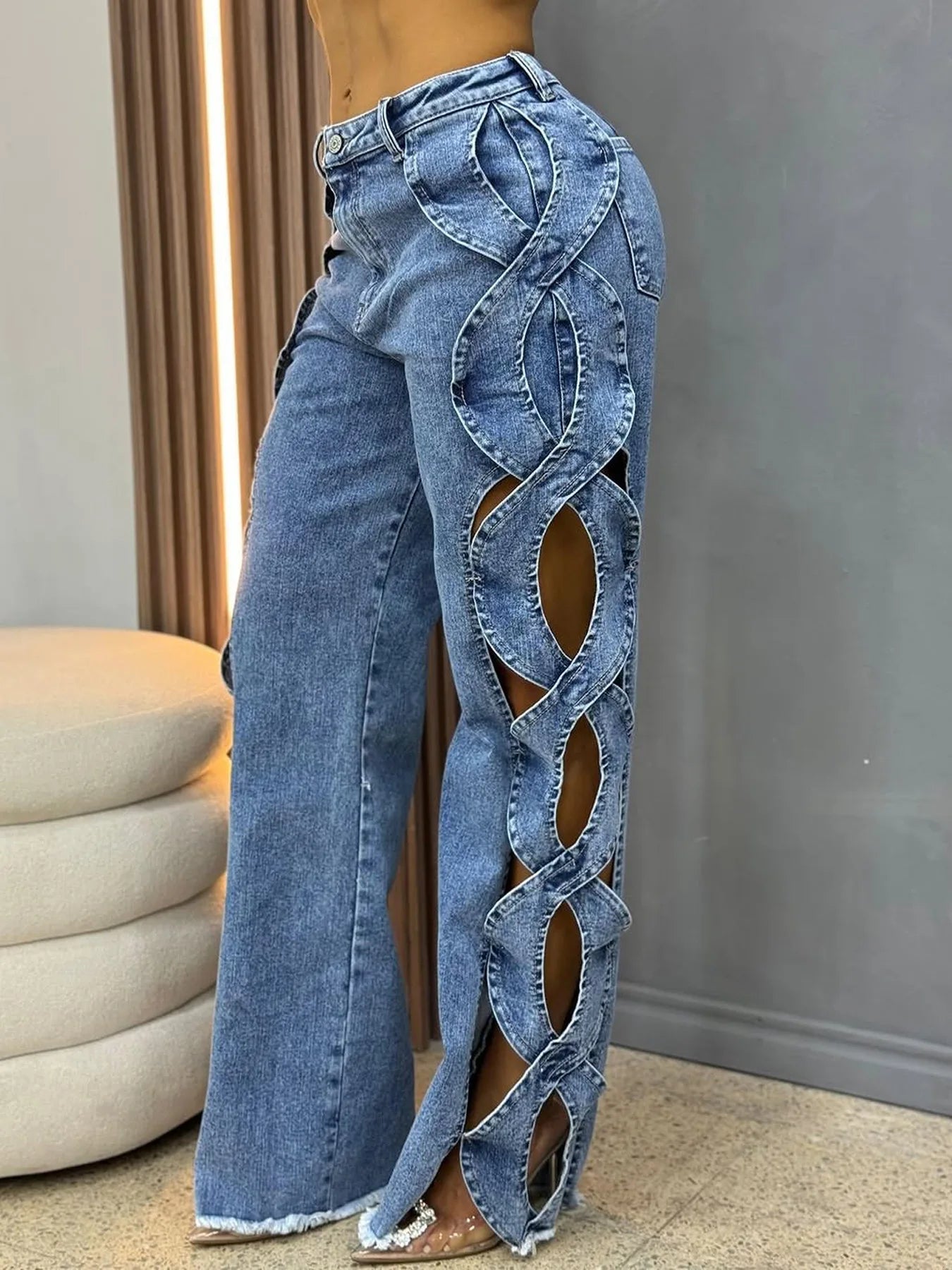 Women Streetwear Cutout Hollow Out Criss Cross Side Wide Leg Blue Denim Pants