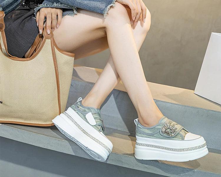 Denim Platform Wedge Genuine Leather Casual Comfy High Brand Chunky Sneakers Hidden Heels Shoes