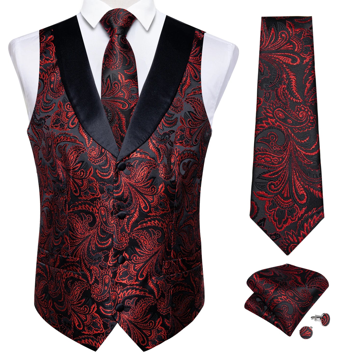 Men's Paisley Silk Suit Vest with Macthing Golden Paisley Neck Tie Handkerchief Cufflinks Wedding Prom Tuxedo Waistcoat