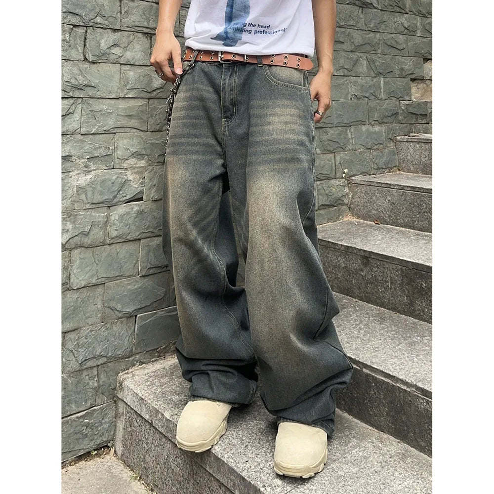Men's Hip Hop Loose Jeans Y2K Retro Casual Wide Leg Jeans Flared Pants