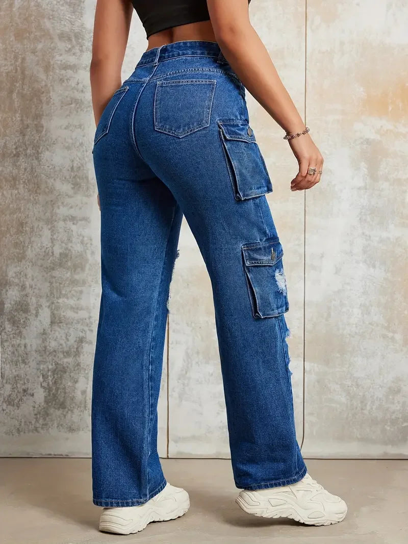 American Retro Punk Style Jeans New Versatile No Waist Pocket Work Style Fashion Denim Wide-leg Pants Female Baggy Jeans Pants