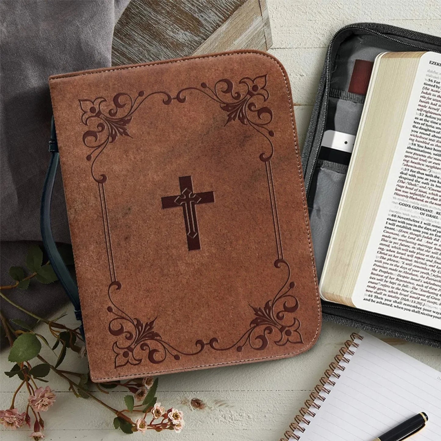 Bible Case, PU Vintage Bible Case, Zippered Bible Covers for Women, Water Resistant Bible Case for Women