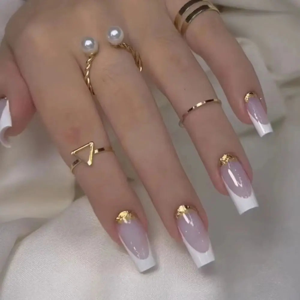 24pcs Gradient Fake Nails French Ballerina Nail Medium Coffin Press on Nails Tips AA6 AA5