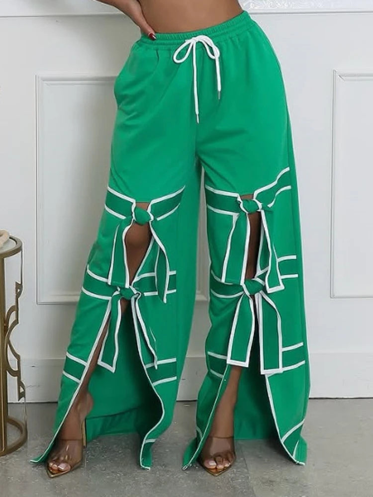Striped Patchwork Bowknot Split Wide Leg Jogger Trousers