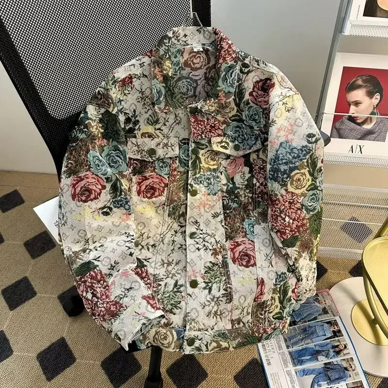 Men's Fashionable Denim Jacket High Quality Cross-Border Style Loose Fit Casual Scene Jacquard Lapel Jacket