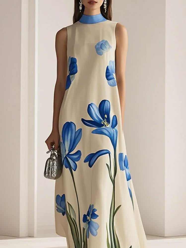 Blue Floral Printed Evening Maxi Dress Sleeveless Stand Collar Elegant Party A-line Long Dress