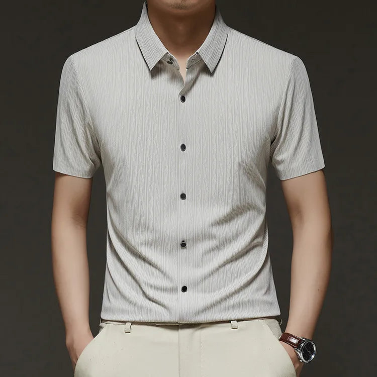 Men's Slim Fit Short Sleeve Dress Shirt Premium Spandex Stretch Fabric Solid Colors Business Casual