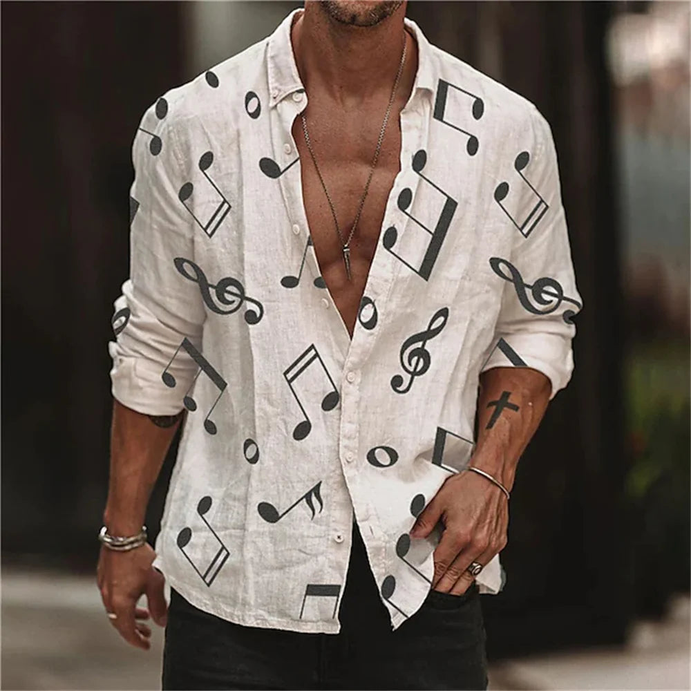 Musical Notes Beige Casual Long Sleeve Button Clothing Sports Fashion