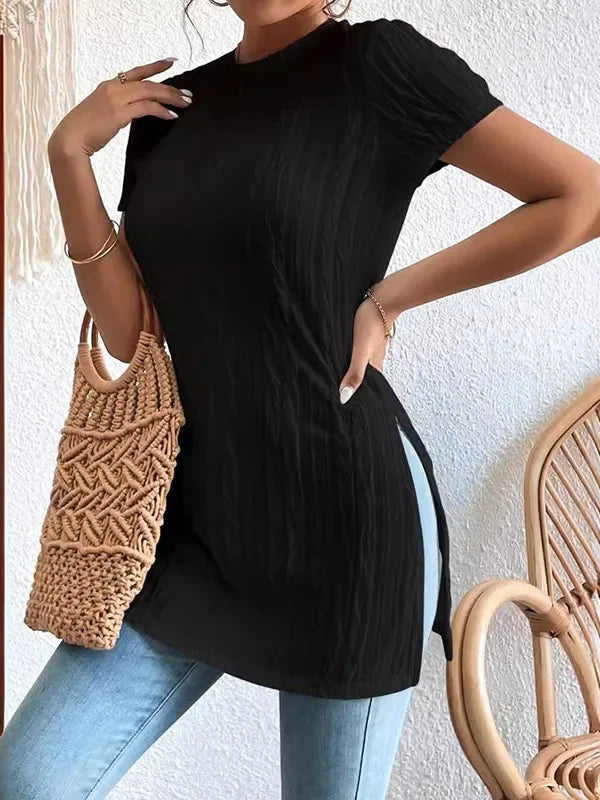 Simple Solid Color Pleated Top Short Sleeves Split-Side Urban Casual Daily T-Shirt