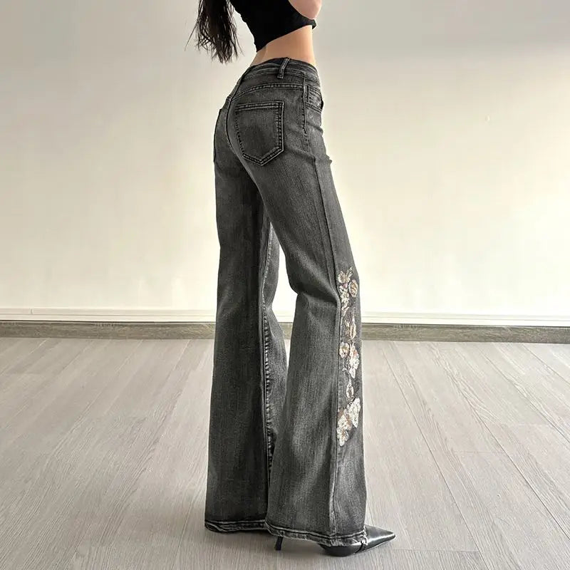 Beaded Embroidered Micro Slim Flare Jeans Street Y2k