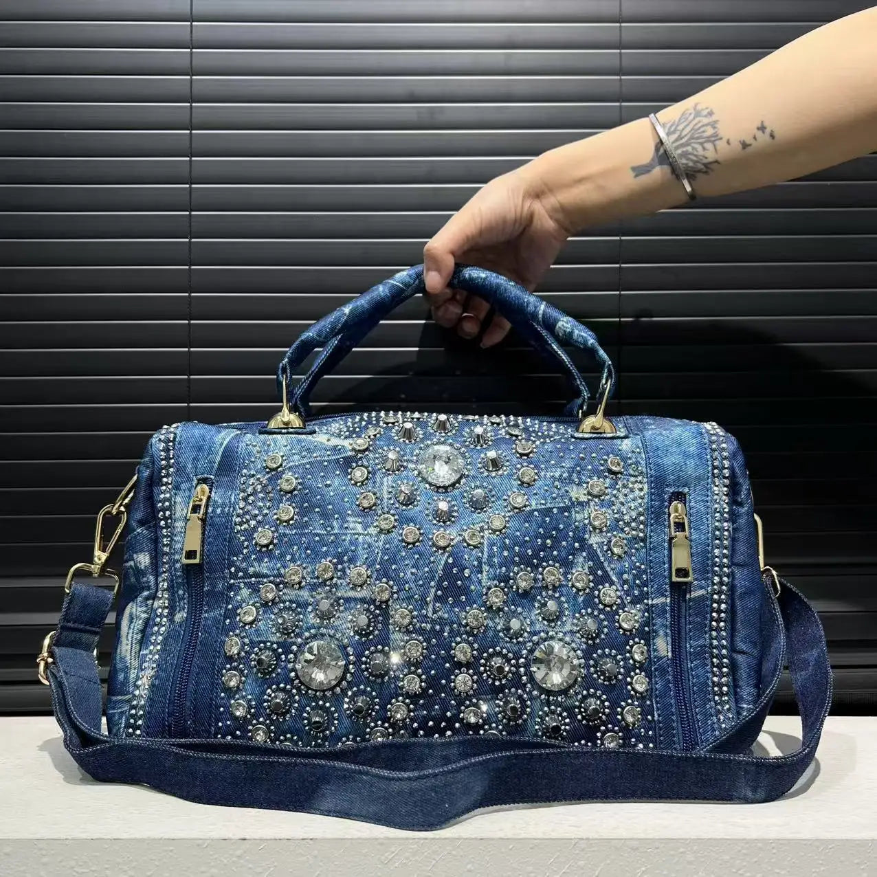 Gemstone inlaid elegant handbag, Boston bag, personalized street style