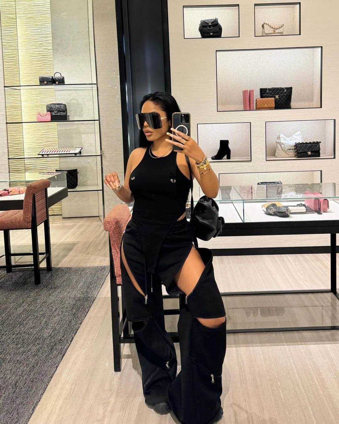 Basic Zipper Adjust Hole Women Wide Leg Loose Joggers Pants Fall Winter Active Loose Sporty Sweatpants