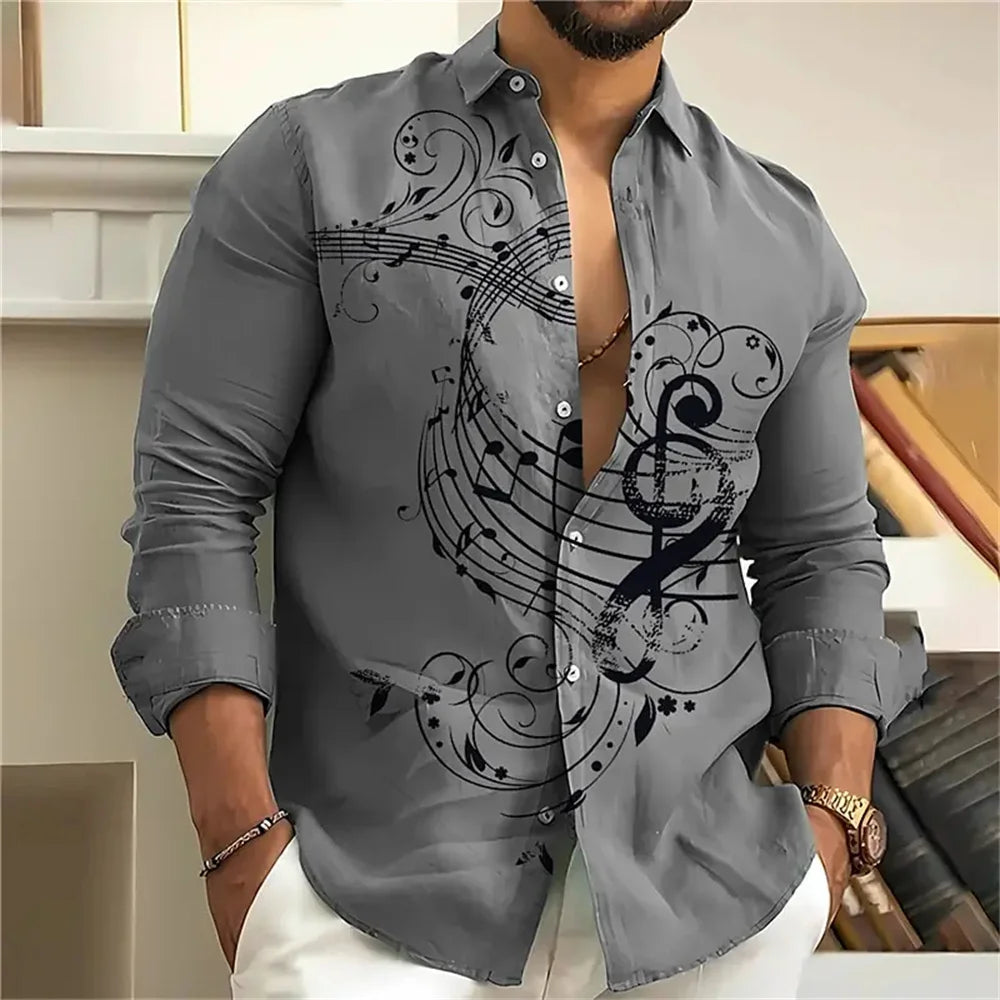 Music note print men's shirt casual open lapel top comfortable long-sleeved
