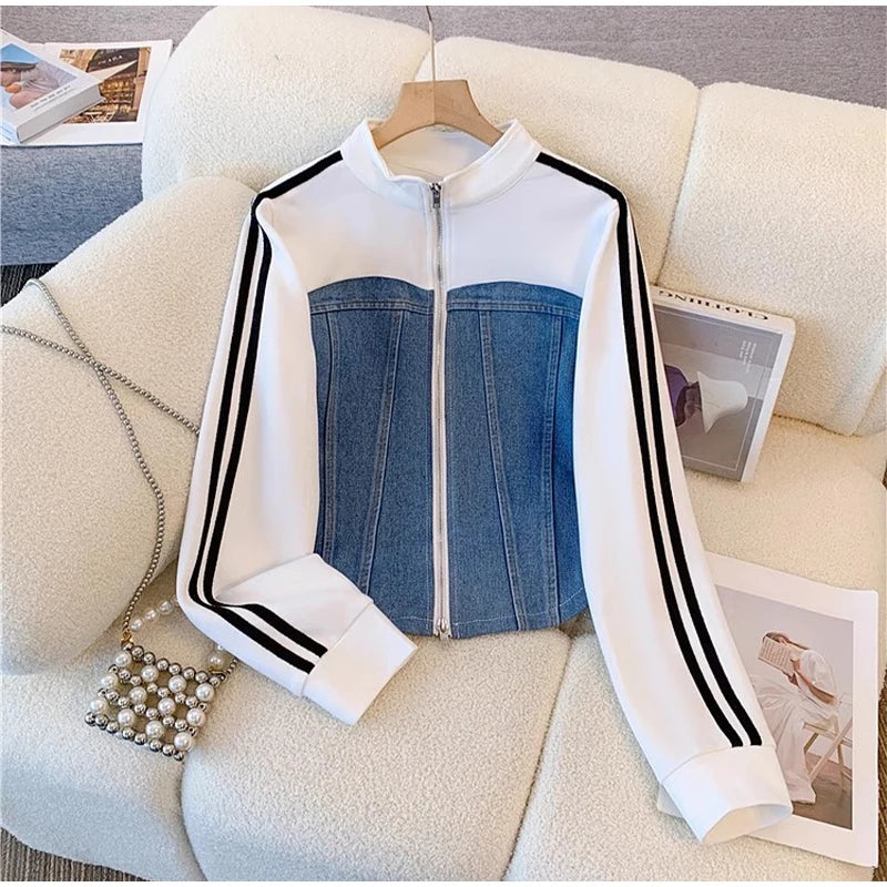 Women Preppy Style Patchwork Contrast Denim Sets Stand Collar Elastic Jeans 2 Piece Suit Streetwear Comfort