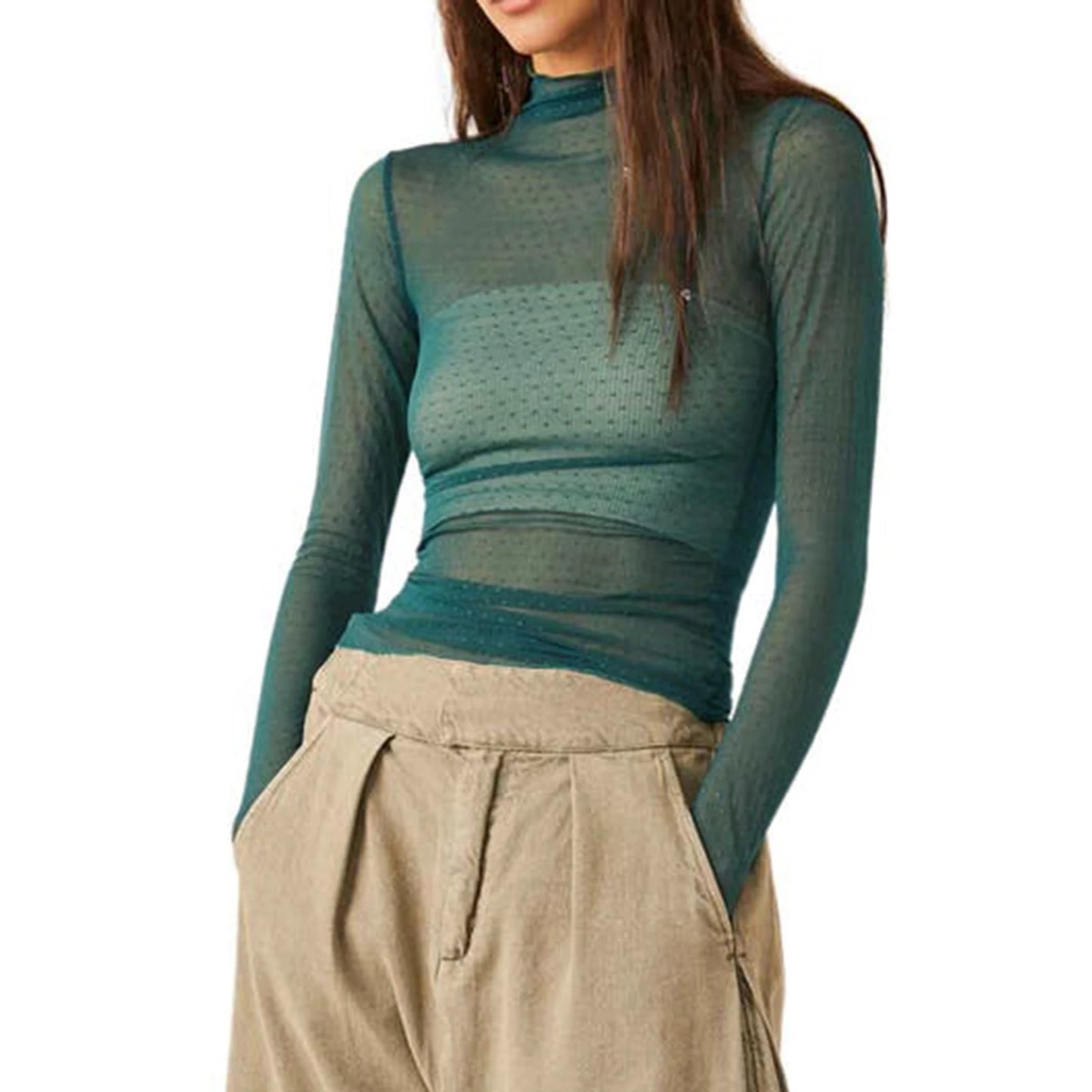 Women Sheer Mesh T-Shirt Mock Neck Long Sleeve Crop Tops Retro See Through Shirt
