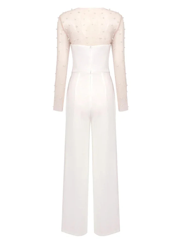 Mesh Pearl Beaded Bodysuits+Strapless Jumpsuit Two piece Sets Women White Jumpsuit Suits Evening