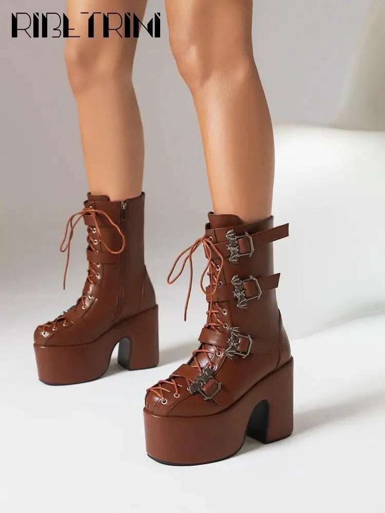 Goth Women Motorcycle Boots Block High Heels Platform Cool Street Boots