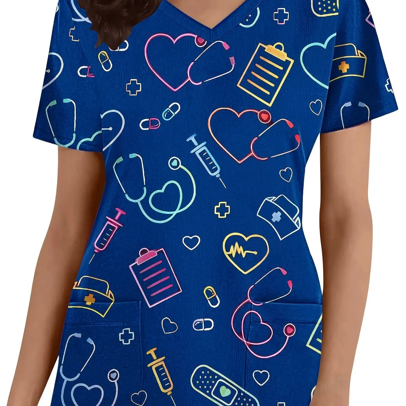 Surgical Uniforms Heart Printed V-Neck Nurses Tops Short Sleeve Patch Pocket Medical Surgical Uniforms Nursing