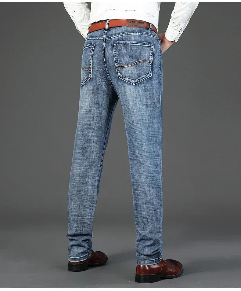 Men Classic Jeans Straight Regular Blue Stretch Denim Trousers Men's