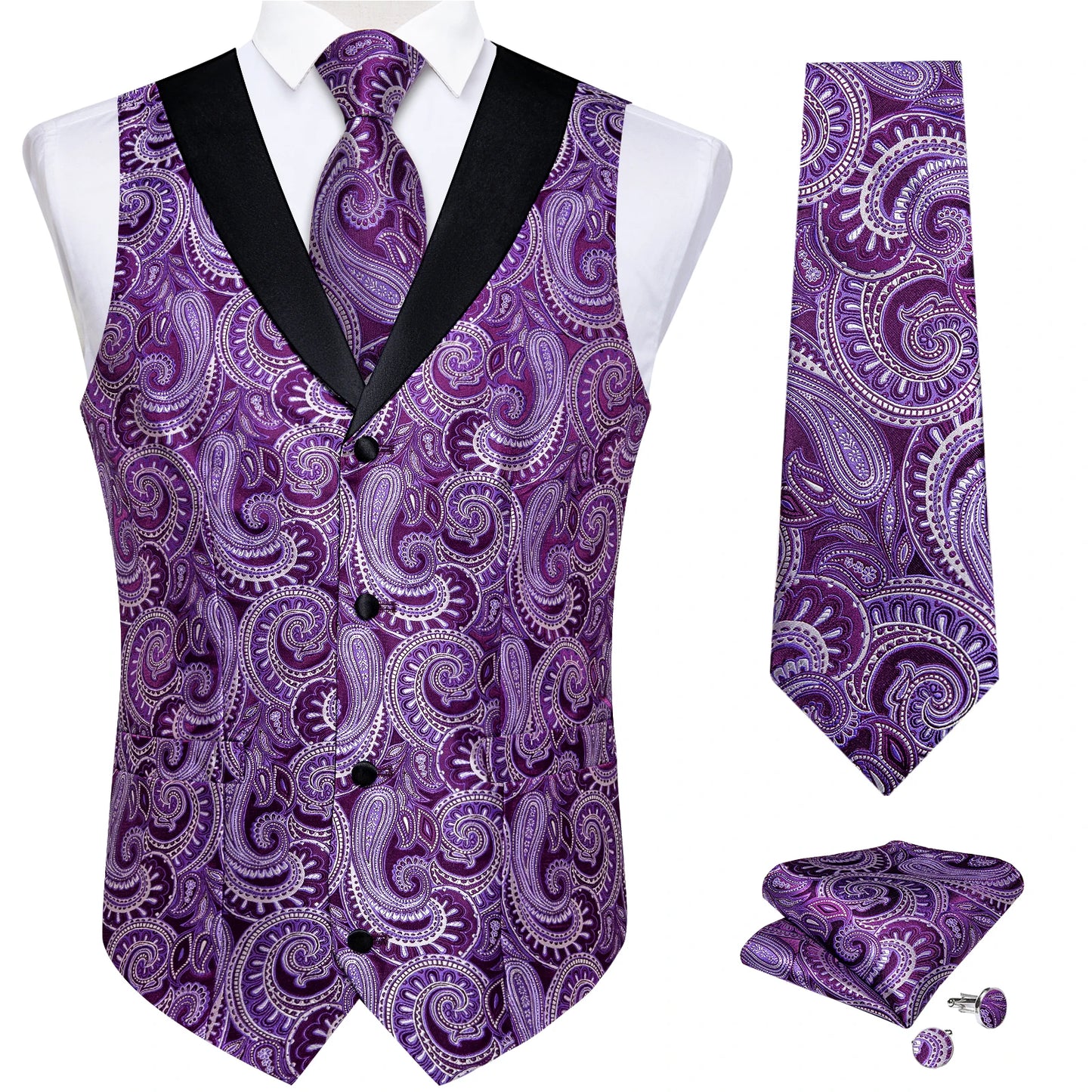 Men's Paisley Silk Suit Vest with Macthing Golden Paisley Neck Tie Handkerchief Cufflinks Wedding Prom Tuxedo Waistcoat