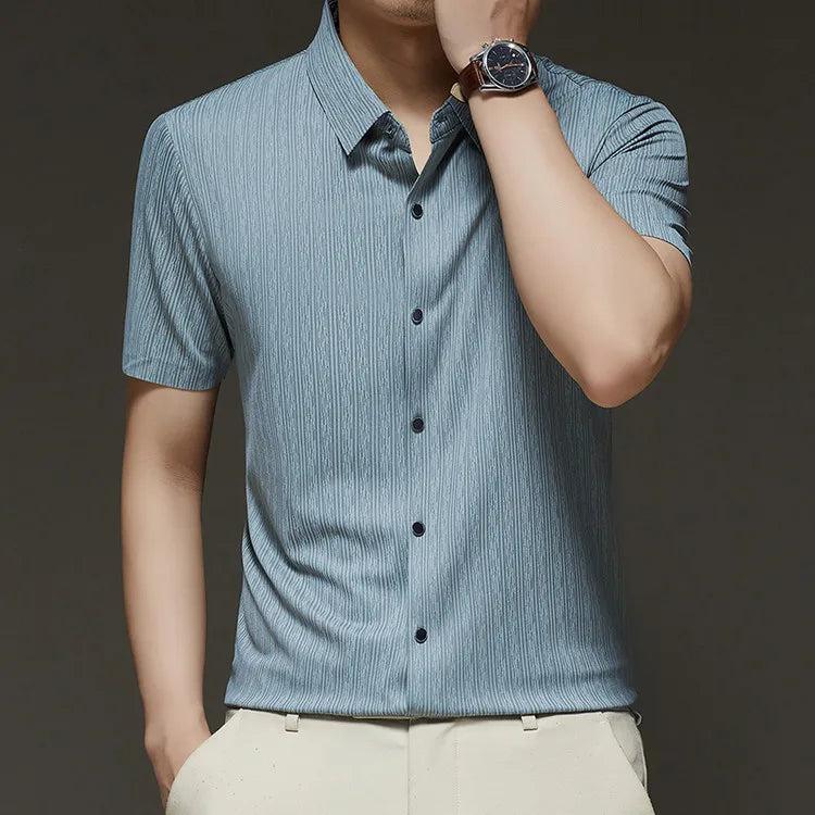 Men's Slim Fit Short Sleeve Dress Shirt Premium Spandex Stretch Fabric Solid Colors Business Casual