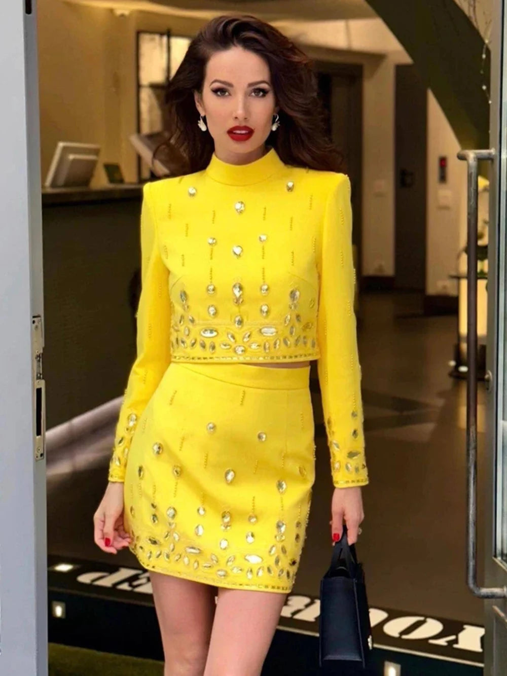 Long Sleeve Short Top and Mini Skirt Suit Outfit, Diamond Beaded Design,High Quality, 2 Pcs Set