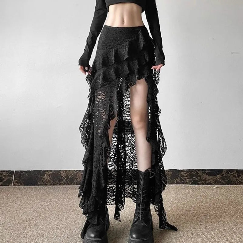 Gothic Skirt Women's Lace High waist Casual Aesthetic Long Skrit Hip hop
