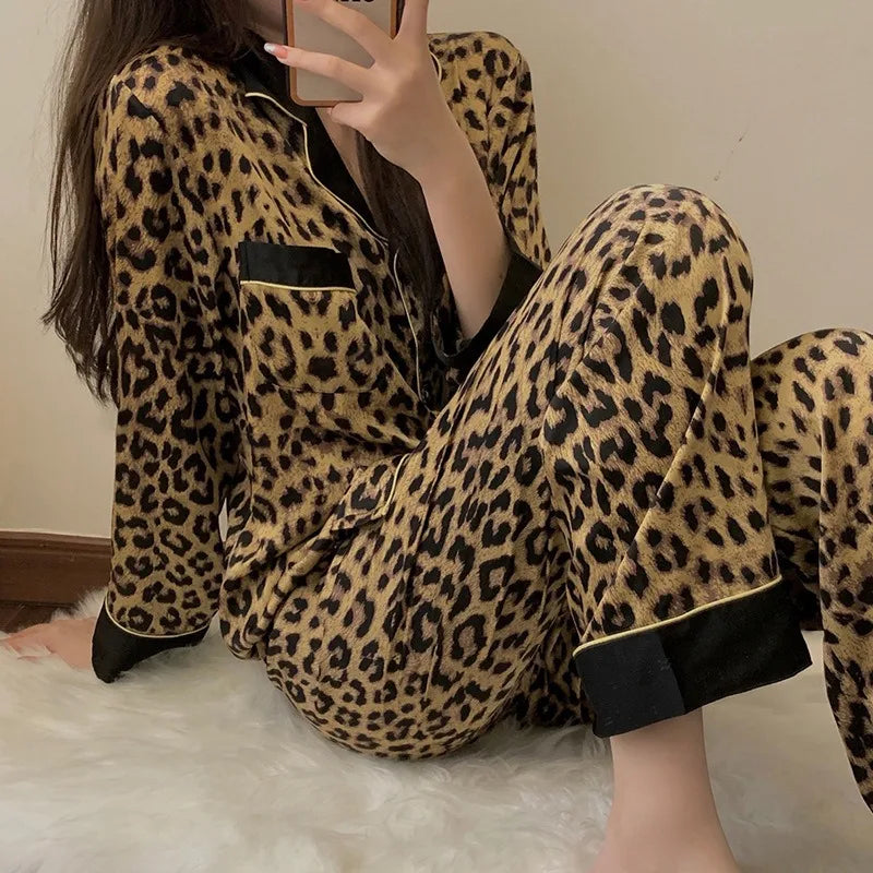 Pajamas Set Women's Fashion Leopard Print Long-Sleeved Sleepwear Loungewear