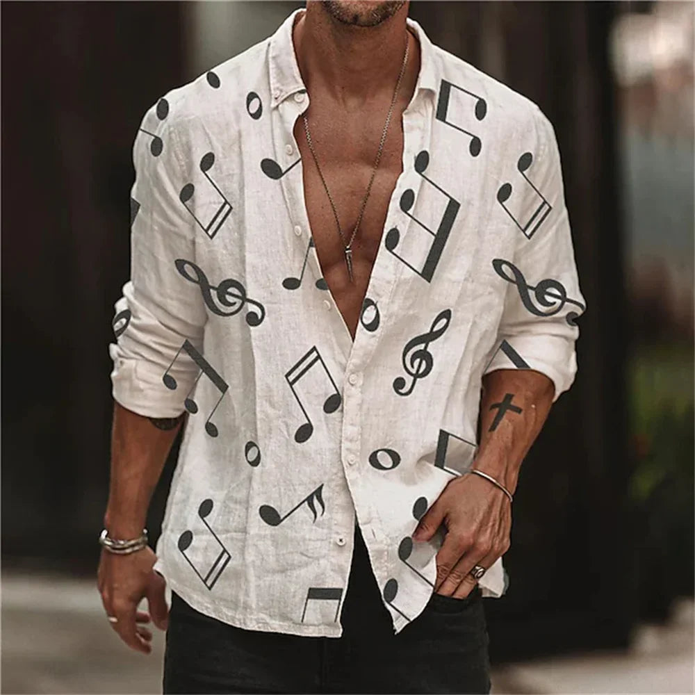 Musical Notes Beige Casual Long Sleeve Button Clothing Sports Fashion