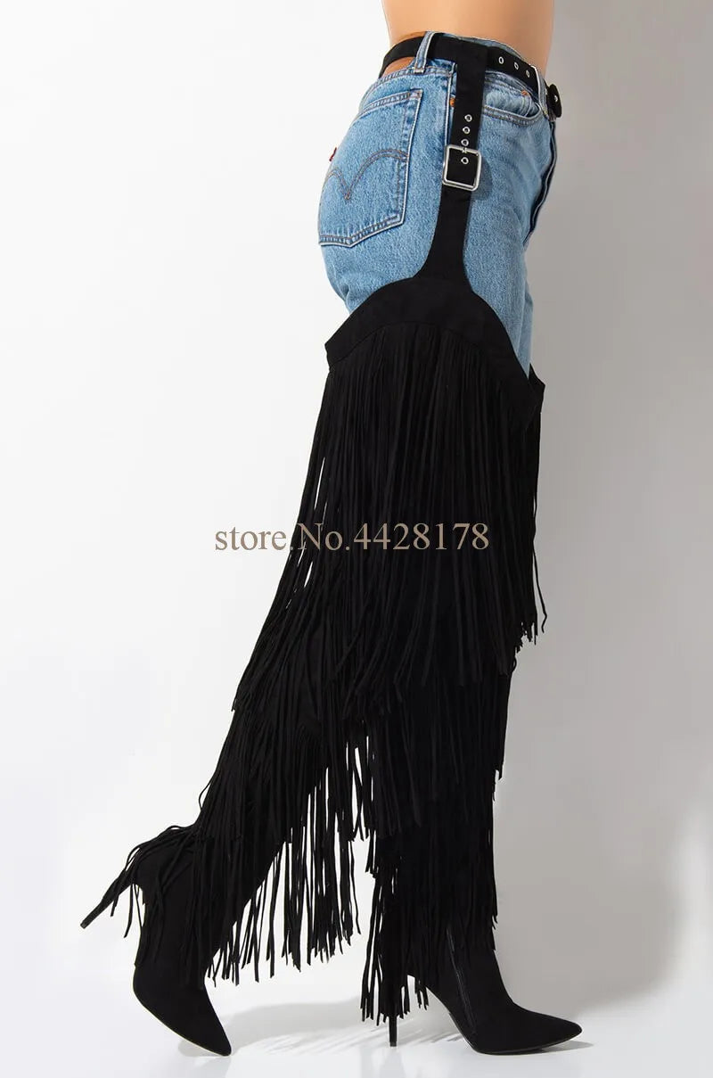 Fringe Belted Chaps Over The Knee Snakeskin Boots Women Pointed Toe Thigh High Long Tassel Boots black 12cm heel