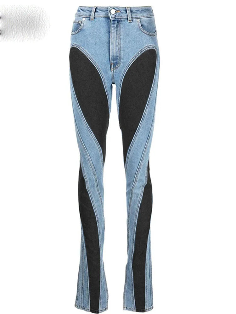 Color Block Women's Jeans Slim Panelled Patchwork High Waist Split Blue Long Denim Pants