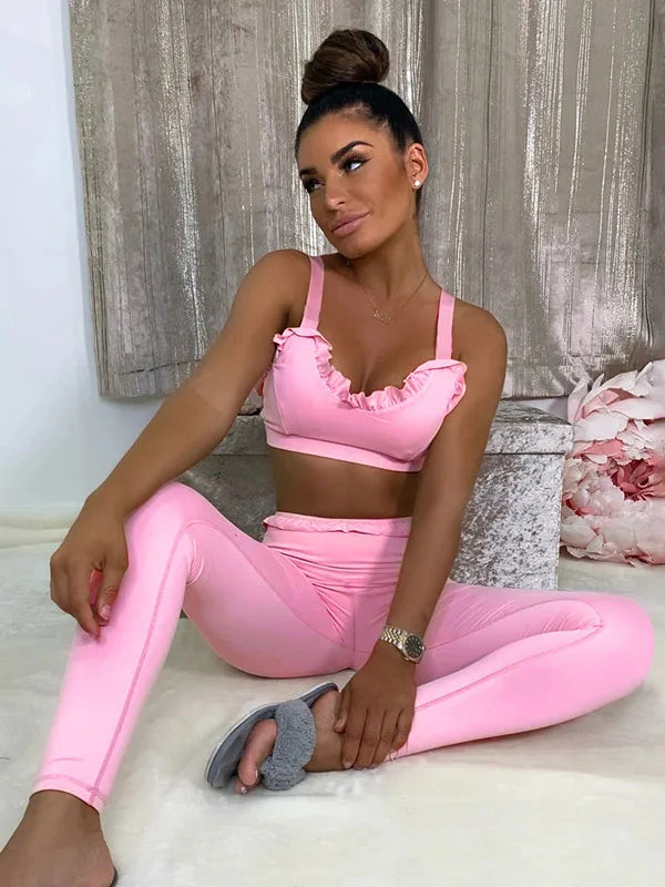 Solid Color Wood Ear Bra & Hip-Lifting High Waist Leggings Pants Fitness Yoga Two Pieces Set