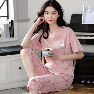 Half-Sleeve Seven-Quarter Trousers Student Nightwear Set Round Neck Cartoon Ladies Pajamas Loungewear