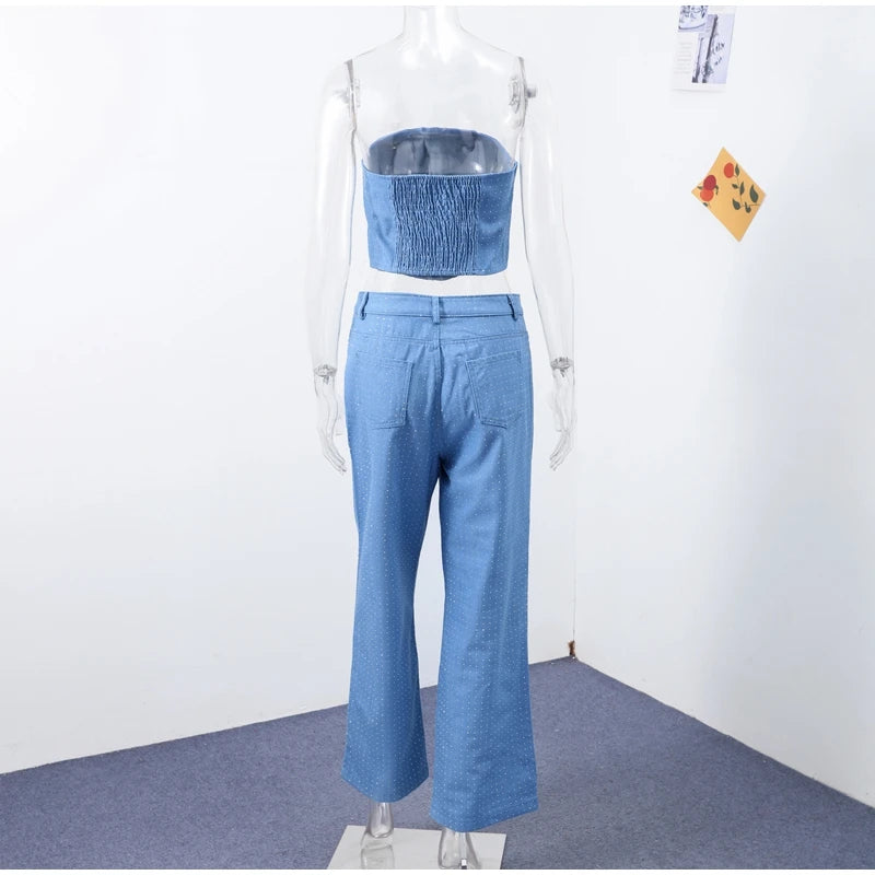 Rhinestone Denim Set Corset Shaping Crop Top Matching Slim Fit Jeans Party Clubwear Nightclub Cowgirl Style